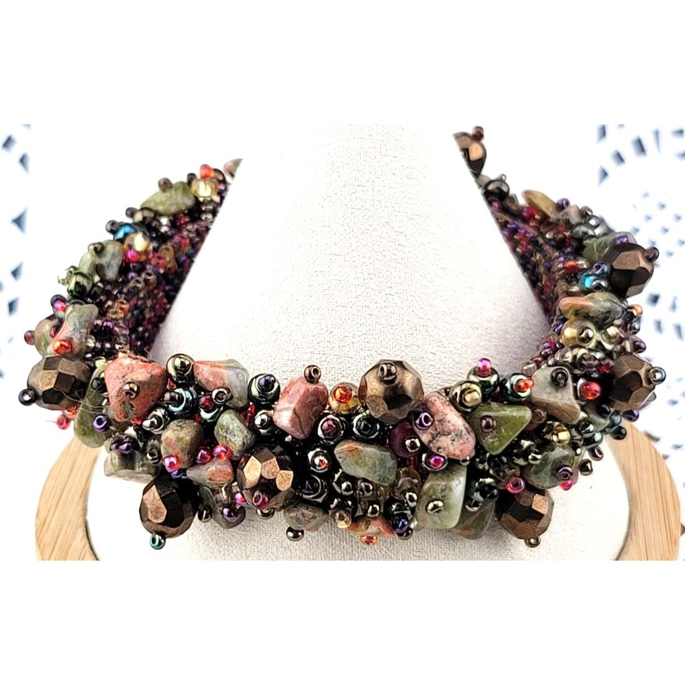 Chunky Tumbled Jasper Chip Iridized Pink Black Purple Micro Bead 7" Bracelet - Picture 4 of 12